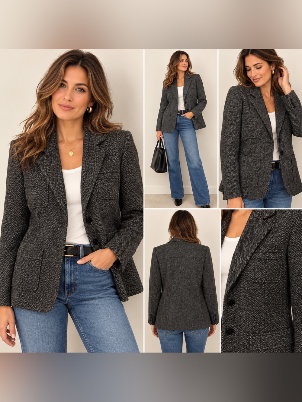 Laura Clement Collection Wool Herringbone Blazer Jacket Gray Size 12